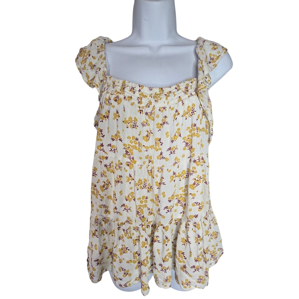 Altar'd State Floral Ruffle Blouse Women Medium Cream Yellow Rayon Cottagecore